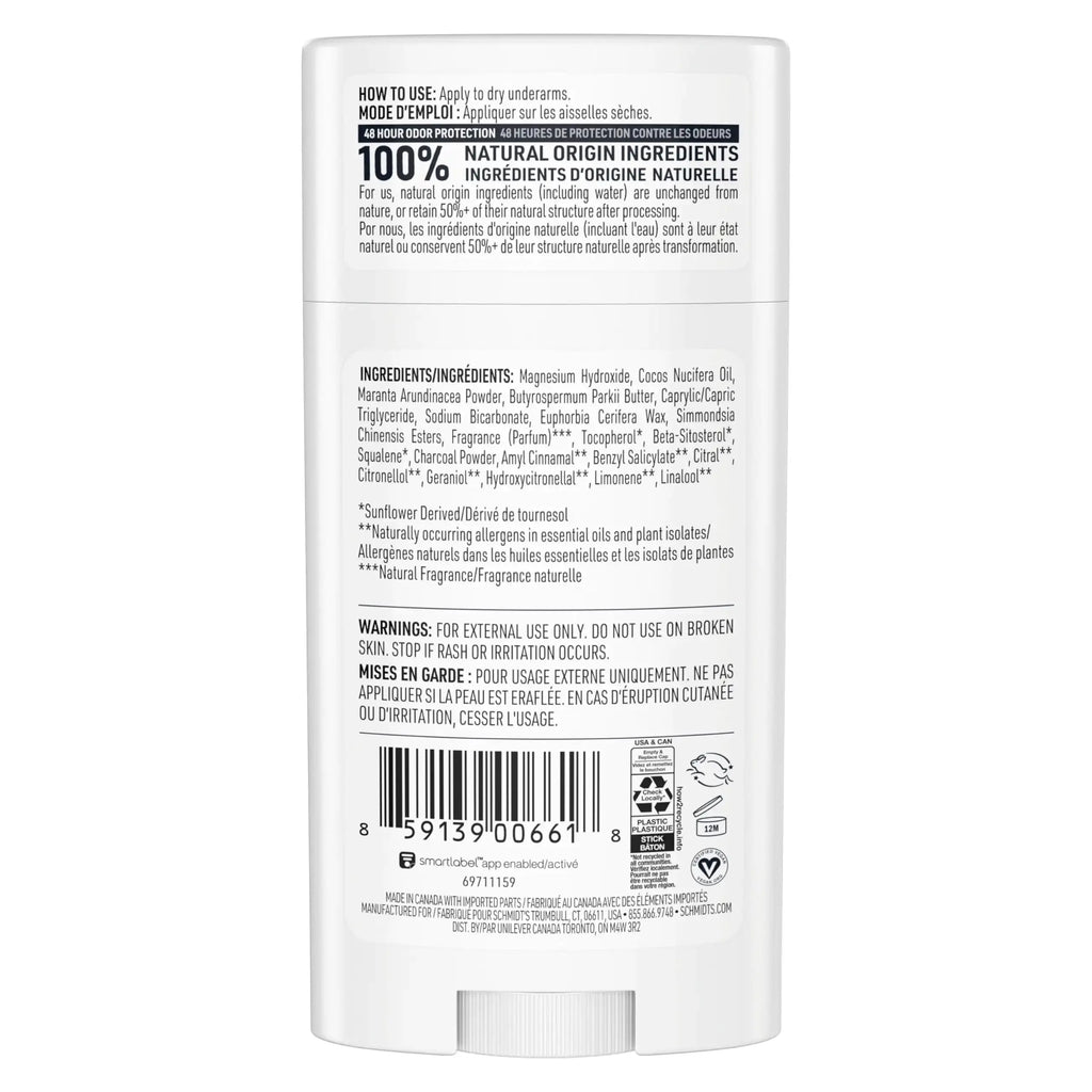 Schmidt's Aluminum-Free Vegan Deodorant - Charcoal & Magnesium Deo With Odor Protection