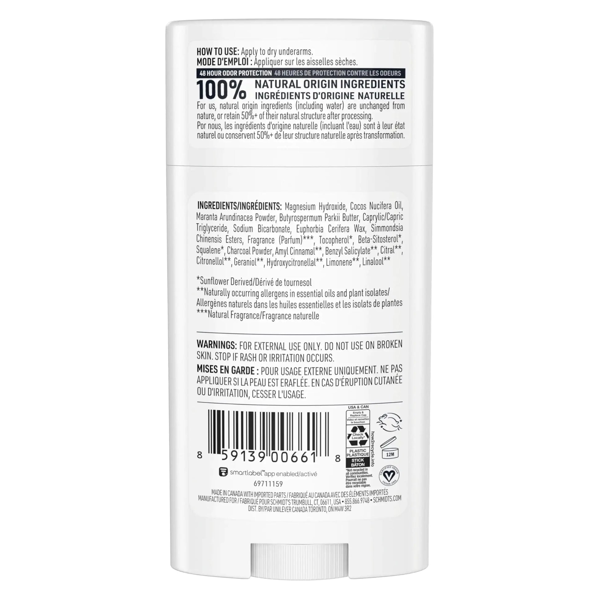 Schmidt's Aluminum-Free Vegan Deodorant - Charcoal & Magnesium Deo With Odor Protection