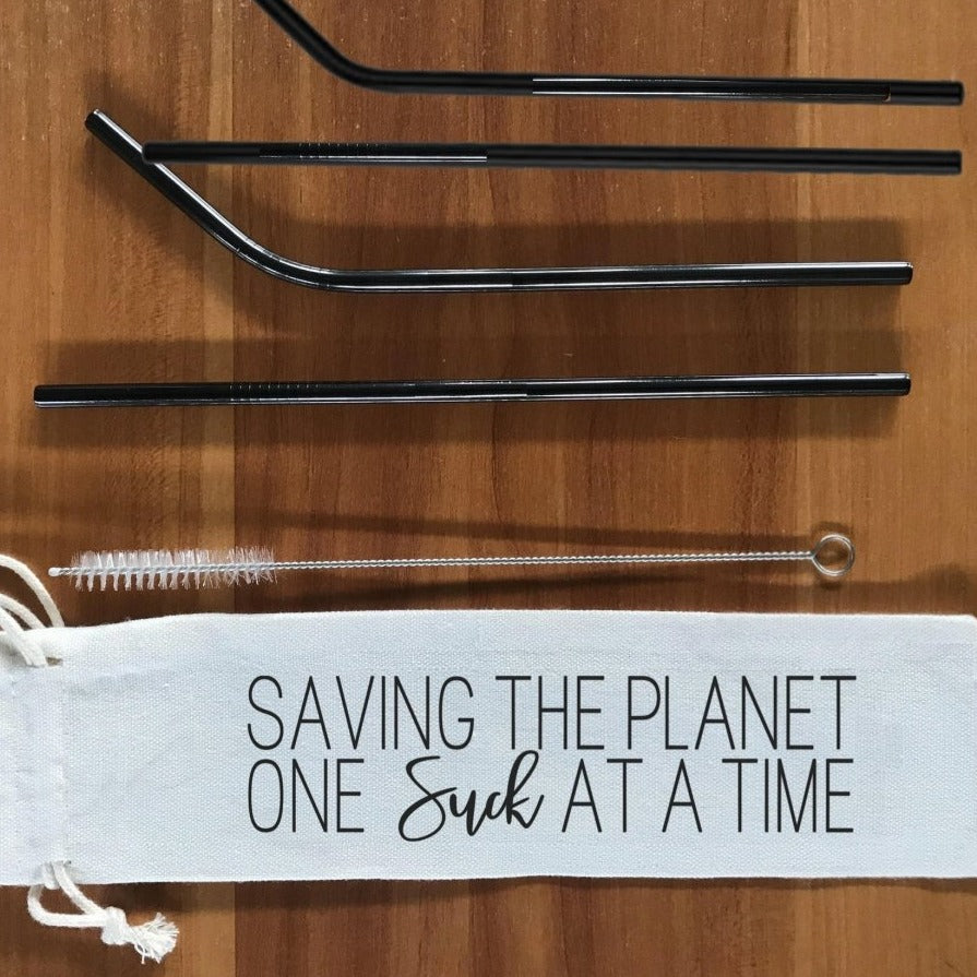 Reusable Stainless Steel Straw Set 6 Piece With Cleaning Brush Cotton Linen Bag Eco Gift