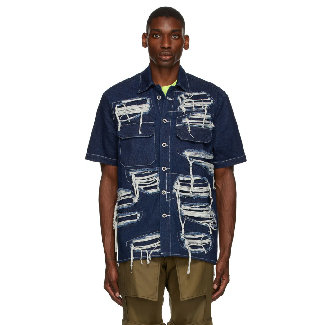 Who Decides War by MRDR BRVDO Blue Distressed Denim Short Sleeve Shirt