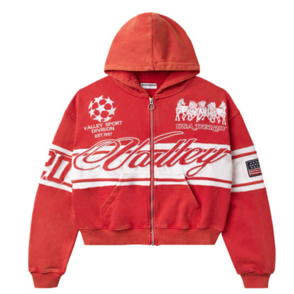Vale Forever Red Cursive Zip Up Hoodie