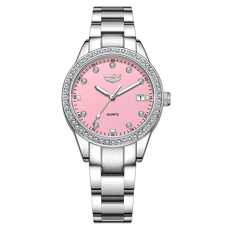 Women's Pink Diamond Dial Quartz Stainless Steel Watch