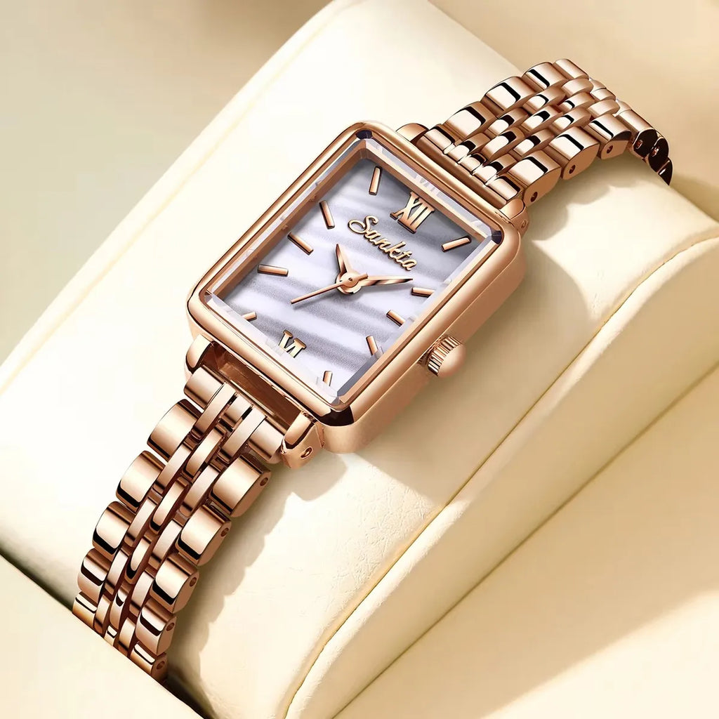 Women's Rose Gold Rectangular Stainless Steel Watch