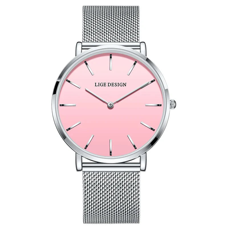 Women's Pink Dial Mesh Band Slim Stainless Steel Watch