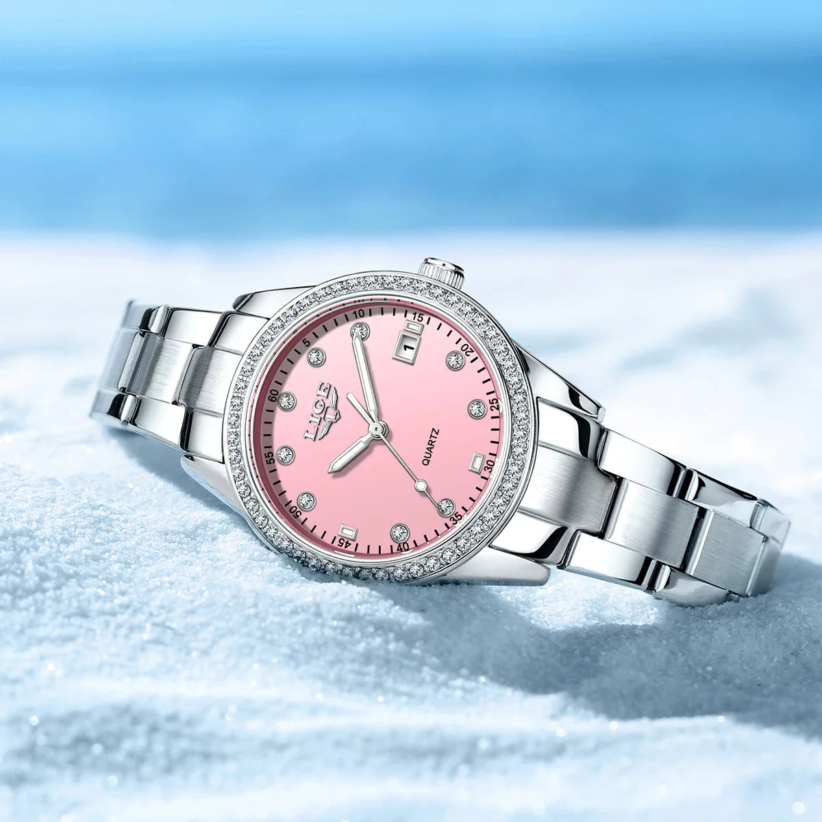 Women's Pink Diamond Dial Quartz Stainless Steel Watch