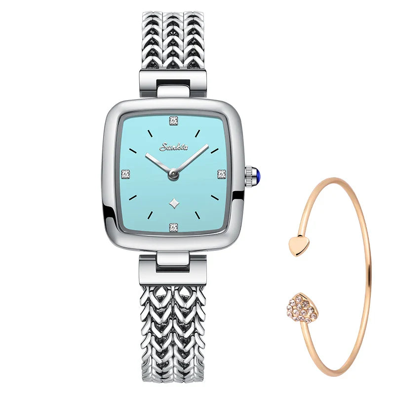 Women's Square Stainless Steel Slim Quartz Watch Bracelet