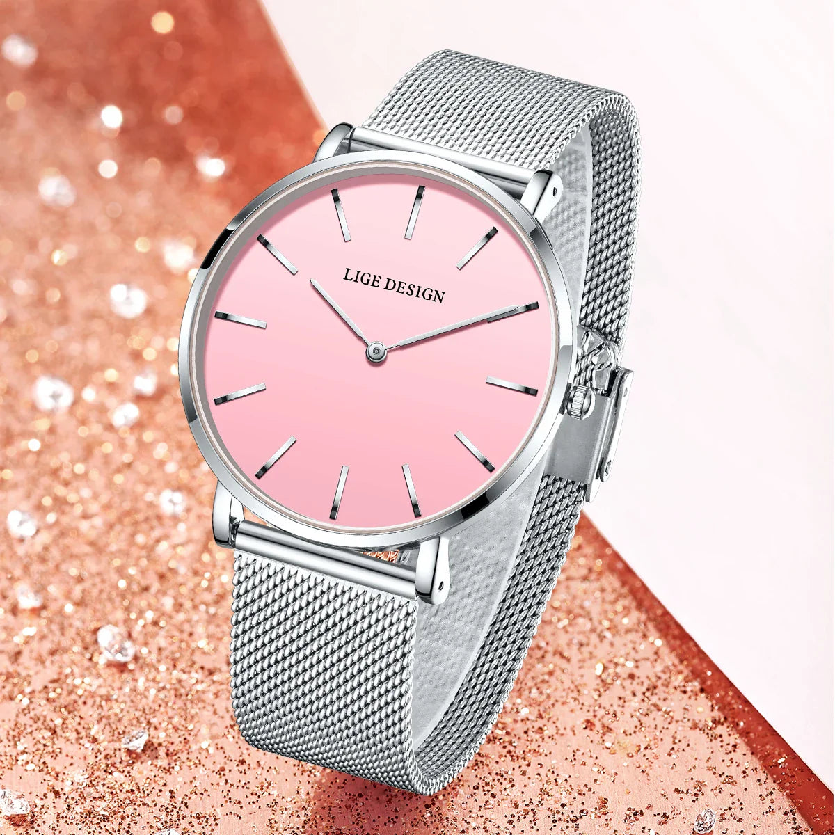 Women's Pink Dial Mesh Band Slim Stainless Steel Watch