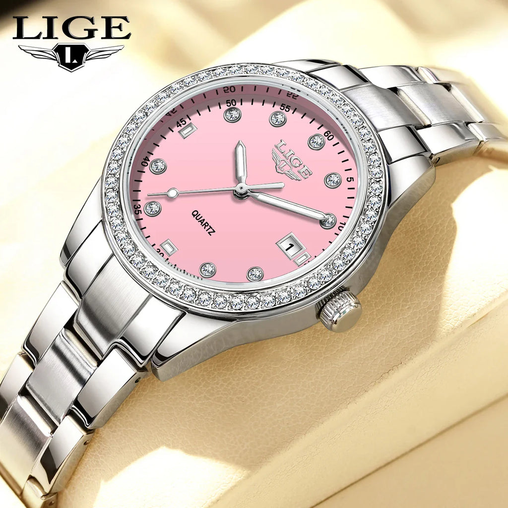 Women's Pink Diamond Dial Quartz Stainless Steel Watch