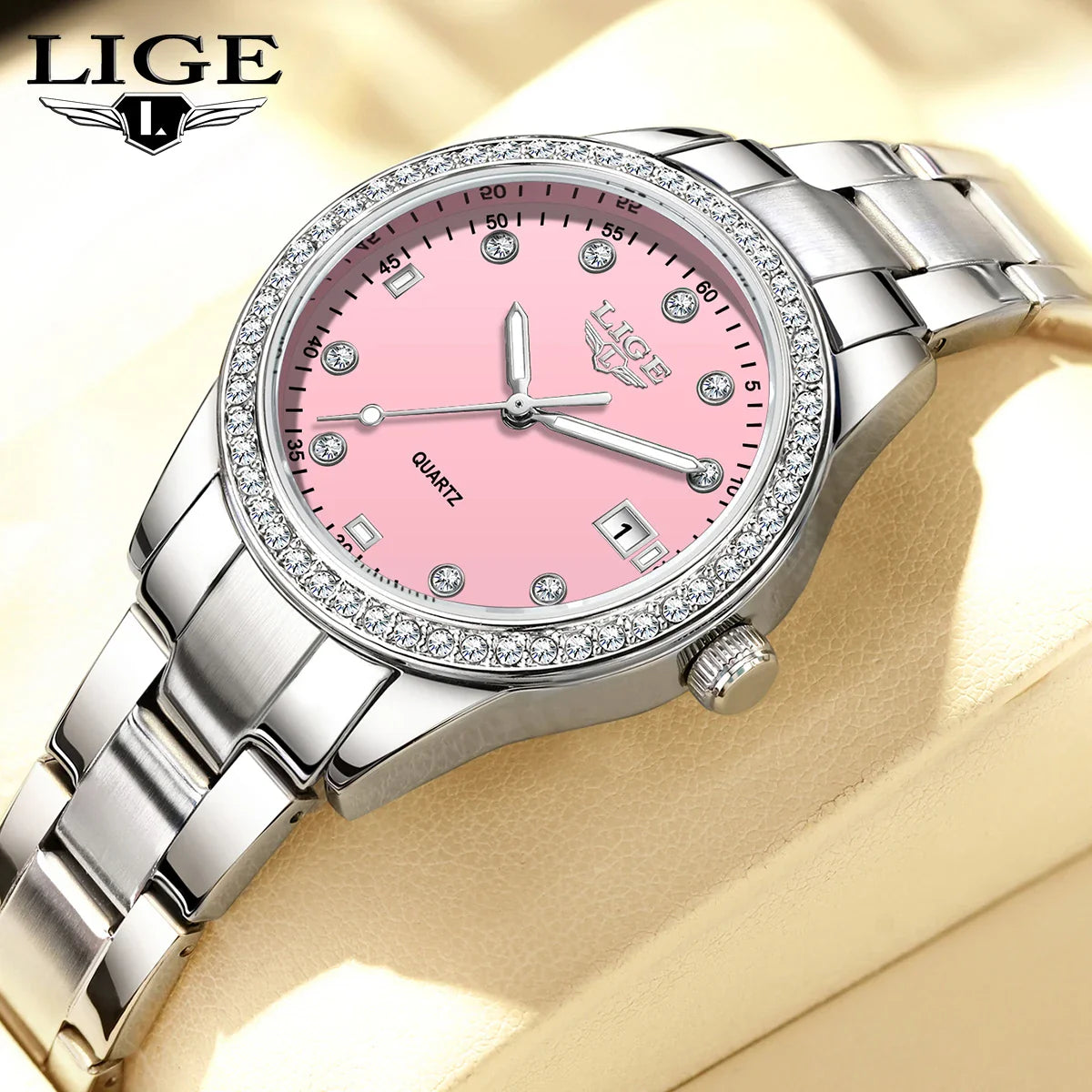 Women's Pink Diamond Dial Quartz Stainless Steel Watch