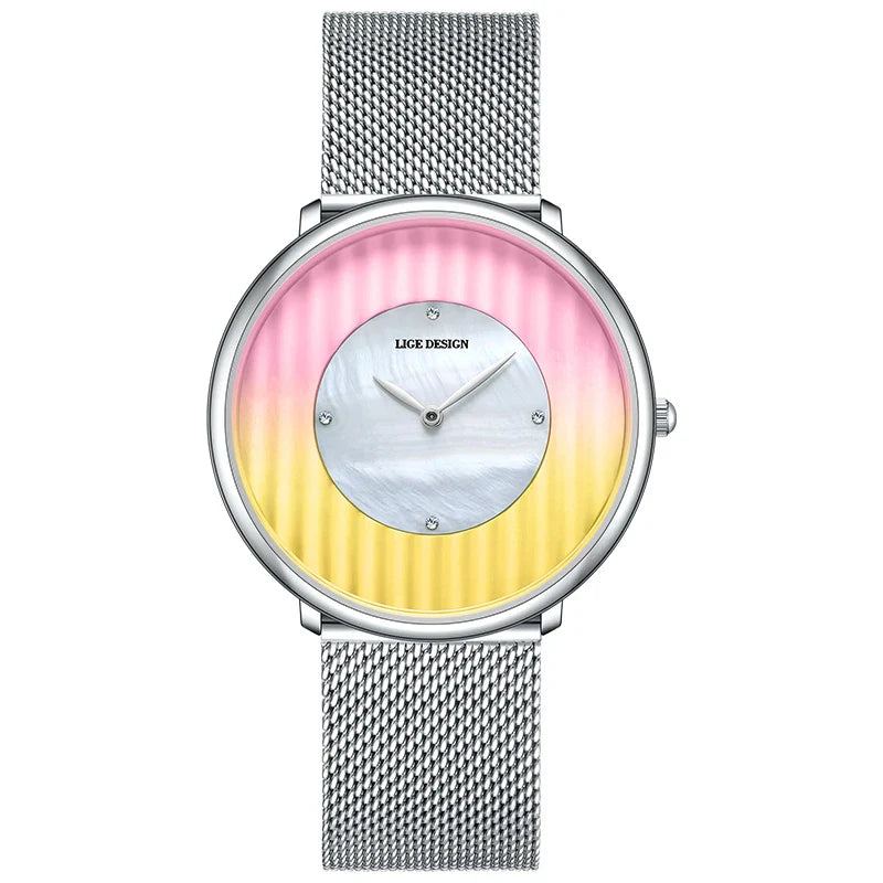 Women's Slim Mesh Band Watch Pink Blue Gradient Quartz