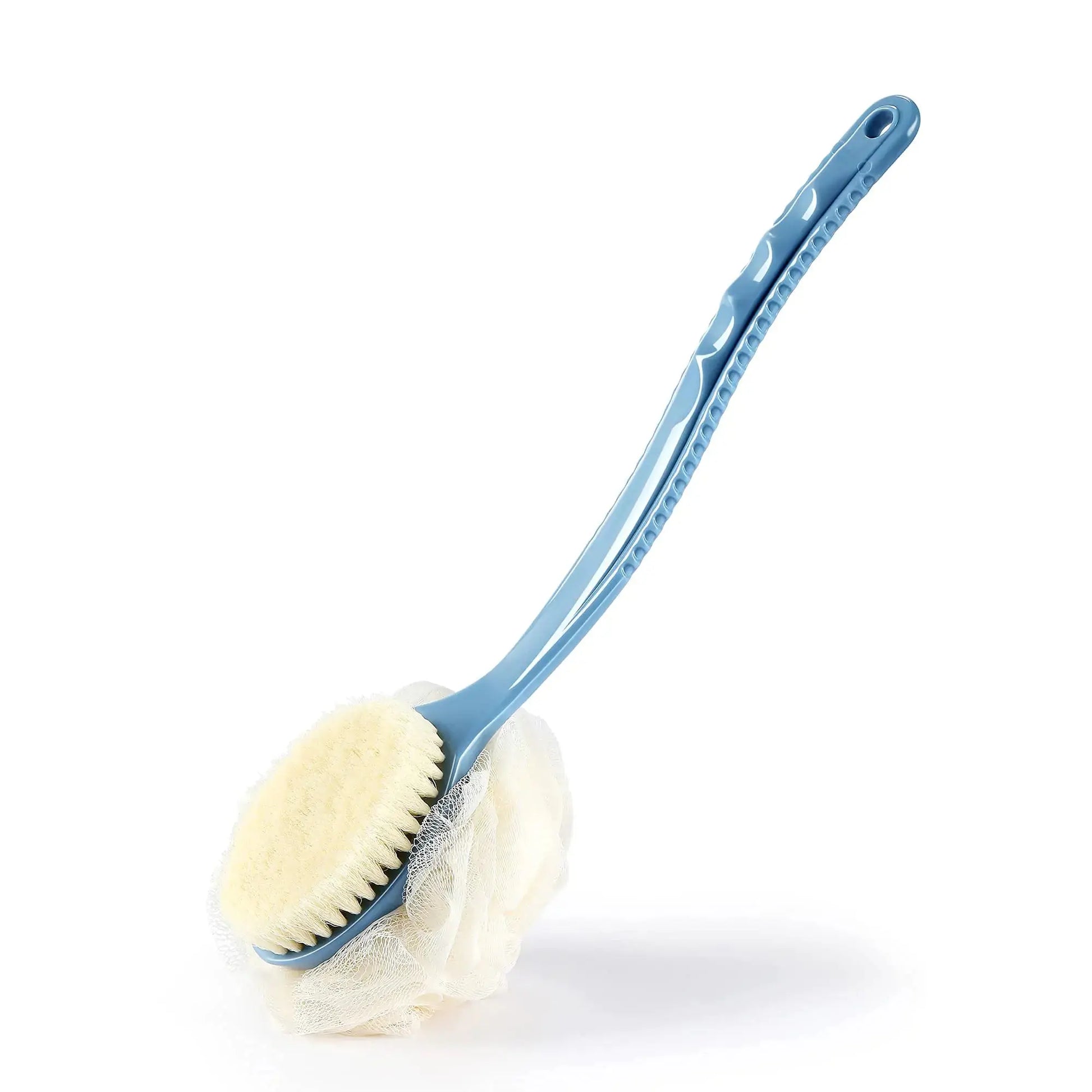 Shower Body Brush with Bristles & Loofah - Exfoliating Back Scrubber with Long Curved Handle (Blue)