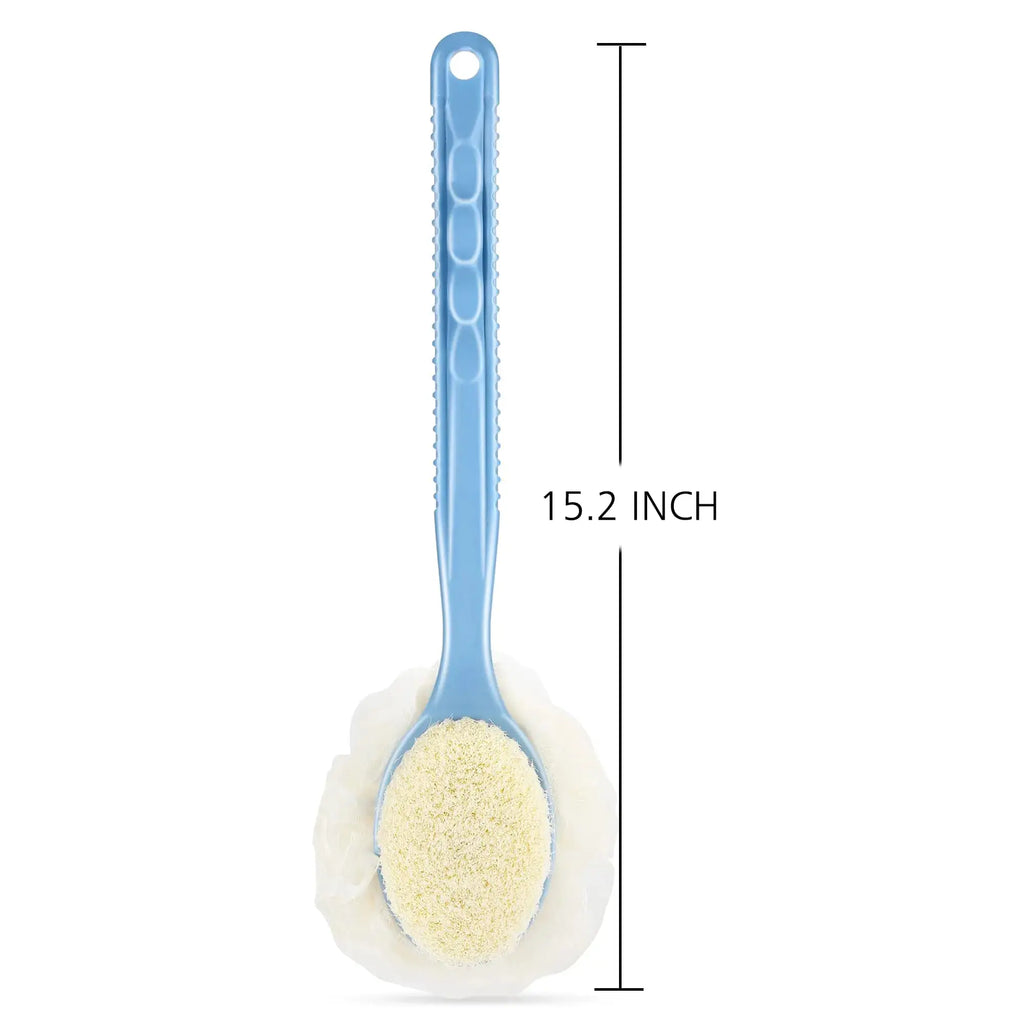 Shower Body Brush with Bristles & Loofah - Exfoliating Back Scrubber with Long Curved Handle (Blue)