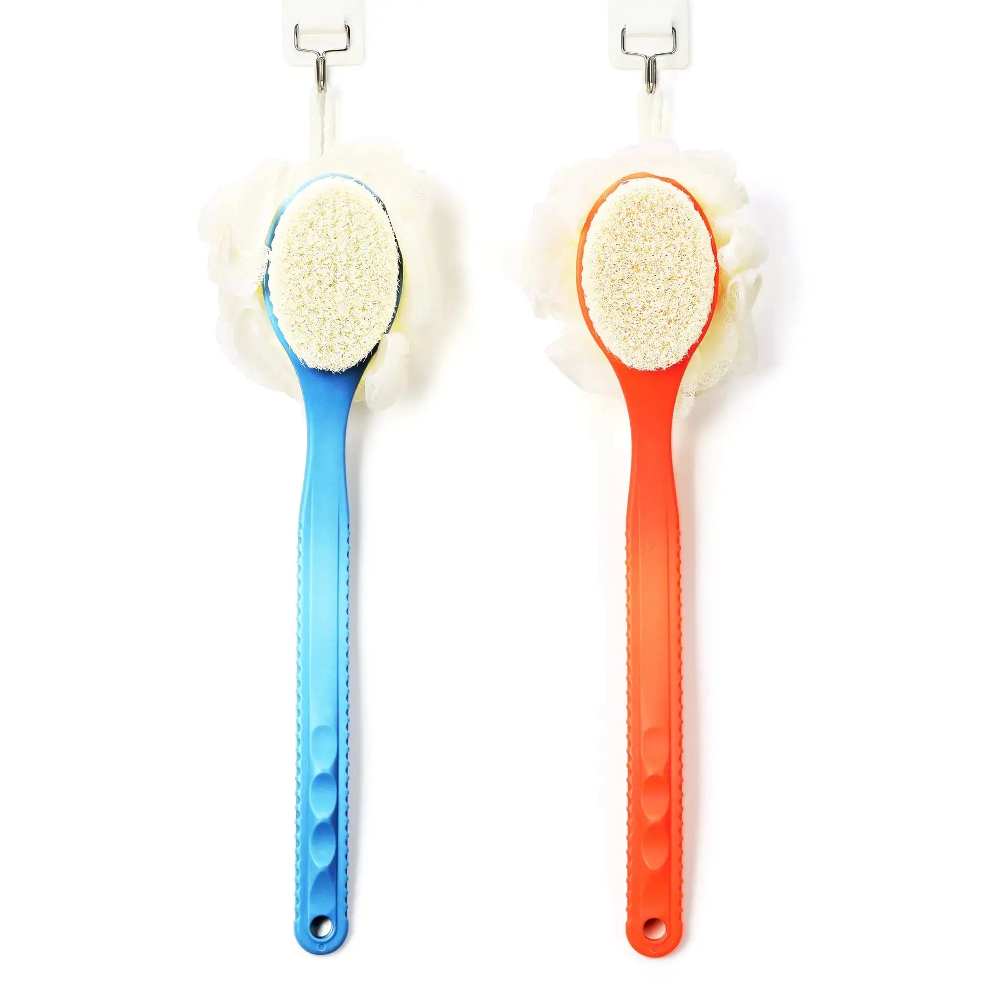 Shower Body Brush with Bristles & Loofah - Exfoliating Back Scrubber with Long Curved Handle (Blue)