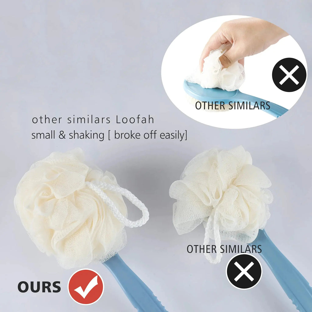 Shower Body Brush with Bristles & Loofah - Exfoliating Back Scrubber with Long Curved Handle (Blue)