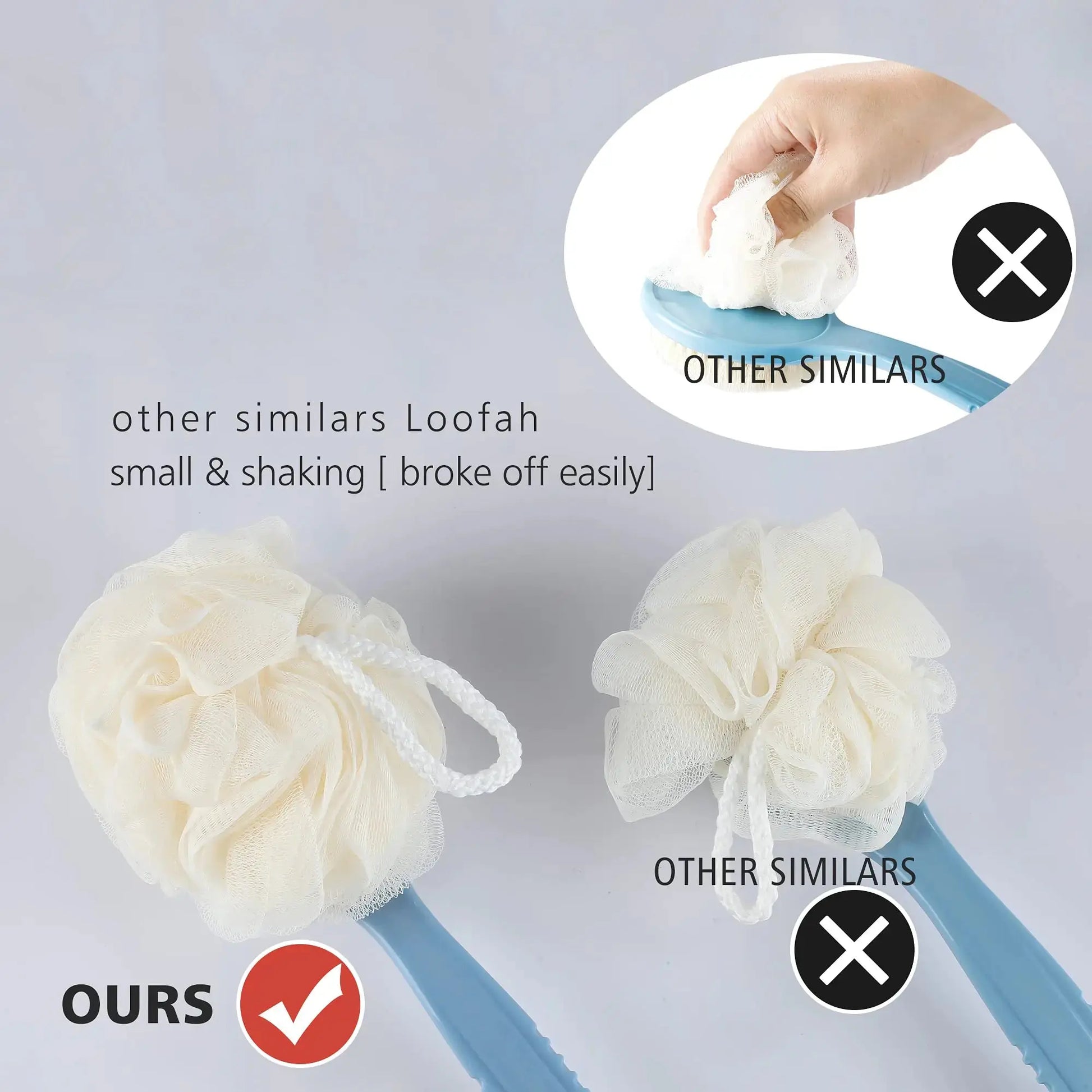 Shower Body Brush with Bristles & Loofah - Exfoliating Back Scrubber with Long Curved Handle (Blue)
