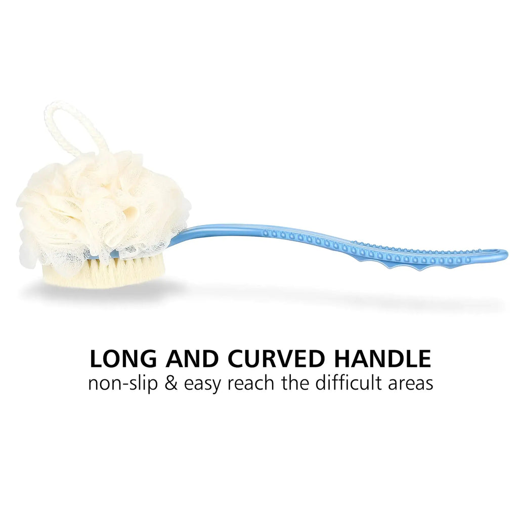 Shower Body Brush with Bristles & Loofah - Exfoliating Back Scrubber with Long Curved Handle (Blue)