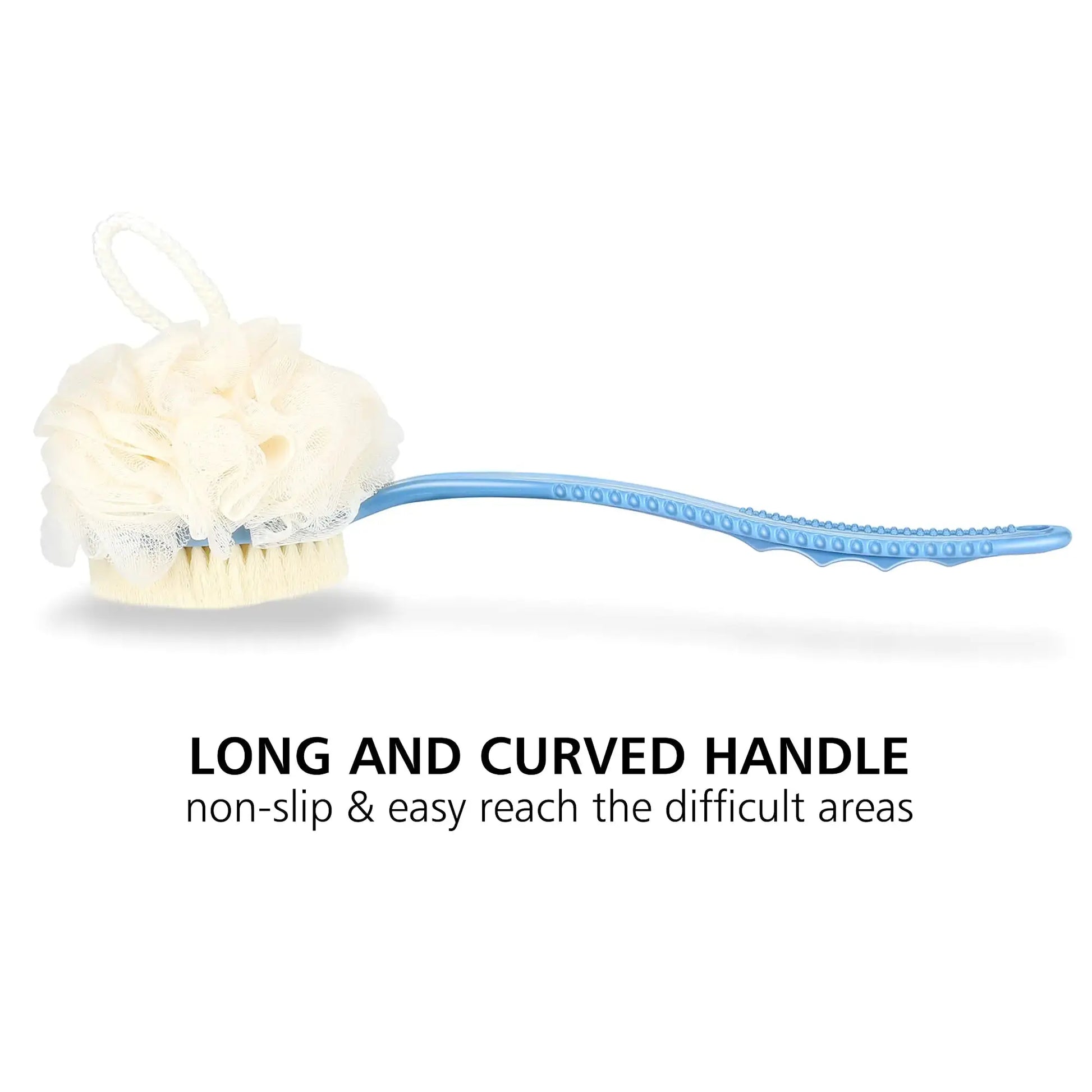 Shower Body Brush with Bristles & Loofah - Exfoliating Back Scrubber with Long Curved Handle (Blue)