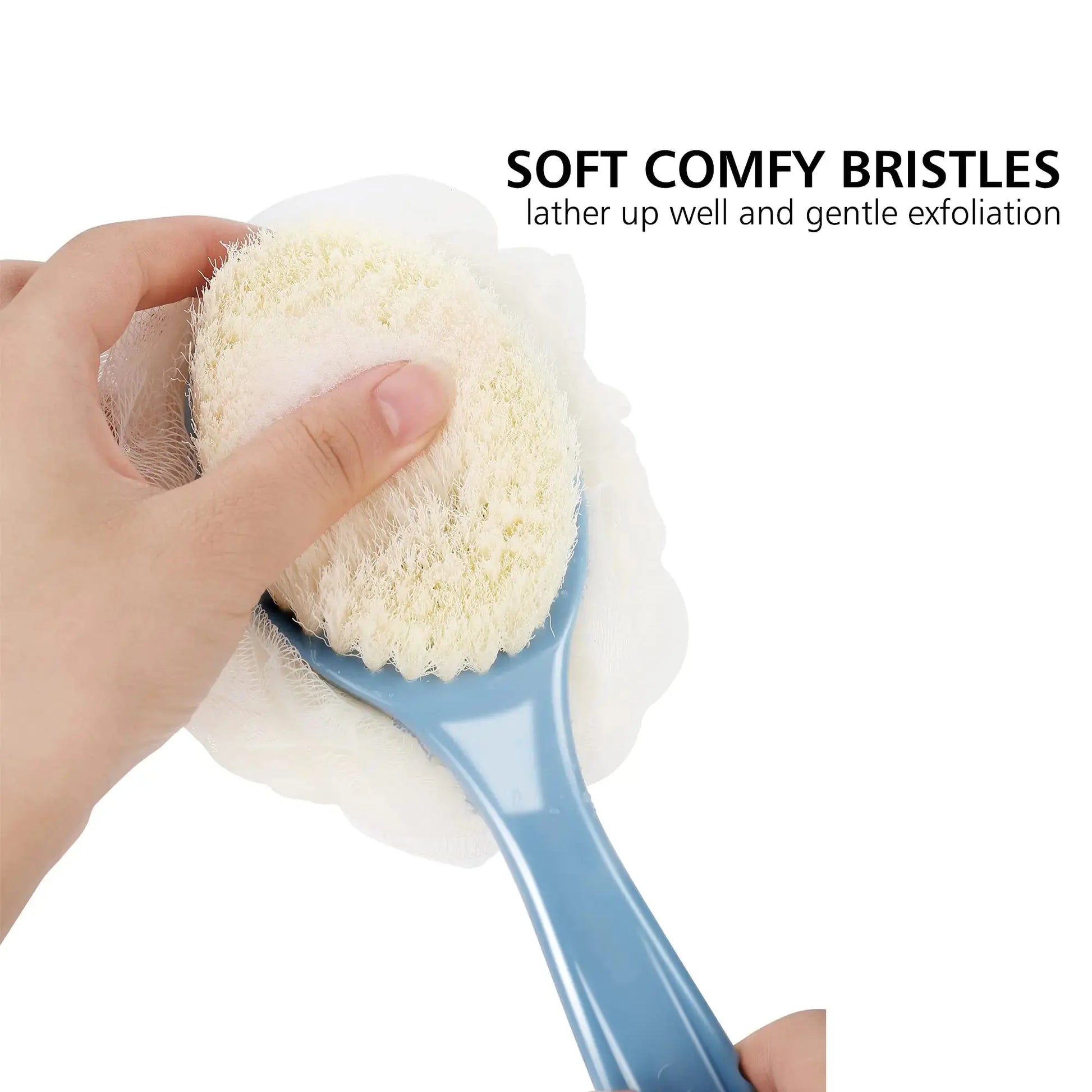 Shower Body Brush with Bristles & Loofah - Exfoliating Back Scrubber with Long Curved Handle (Blue)