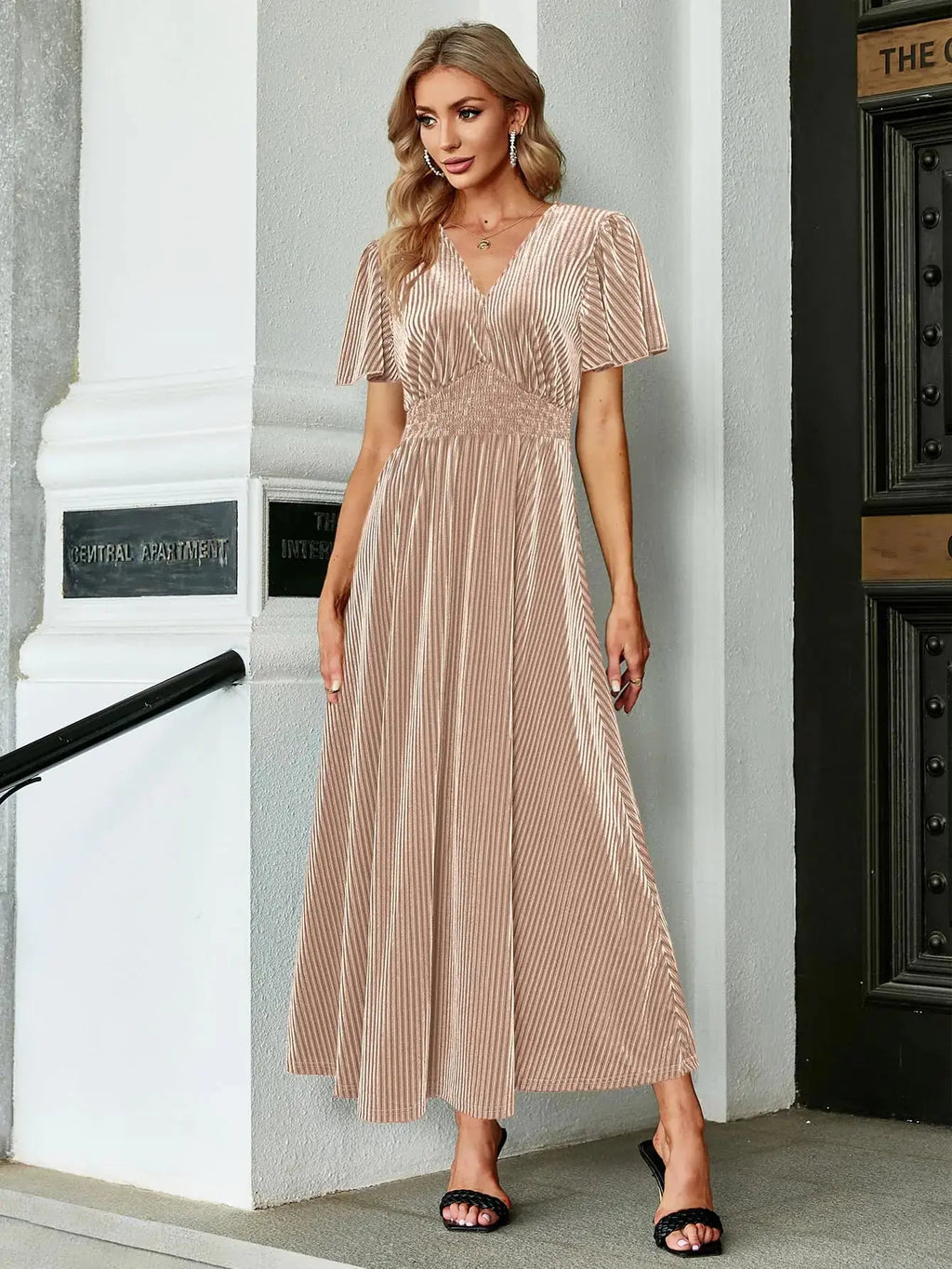 Simplee Apparel Women’s V Neck Velvet Maxi Dress - Long Formal Dress for Wedding Guest