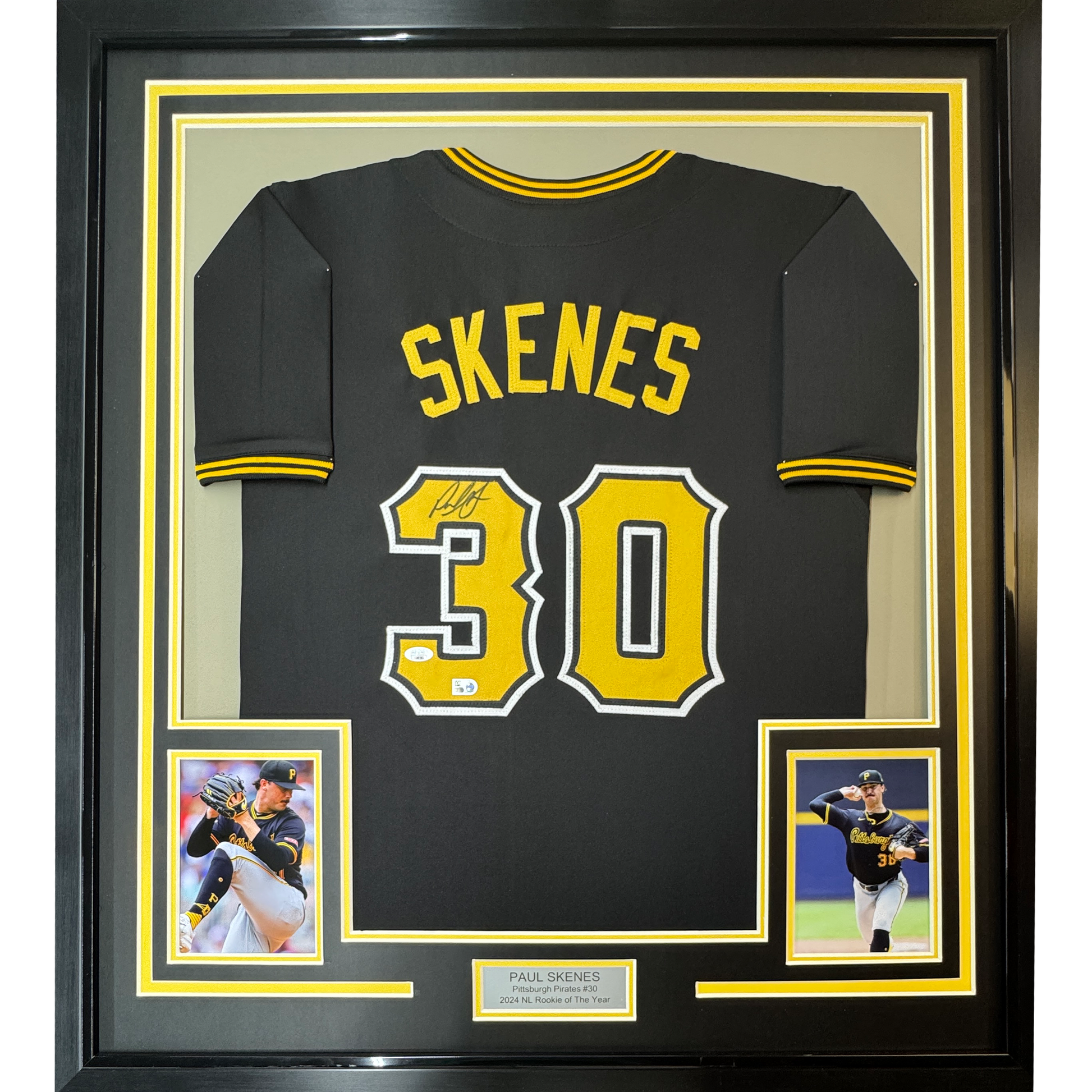 Framed Autographed/Signed Paul Skenes 35x39 Pittsburgh Black Baseball Jersey JSA COA