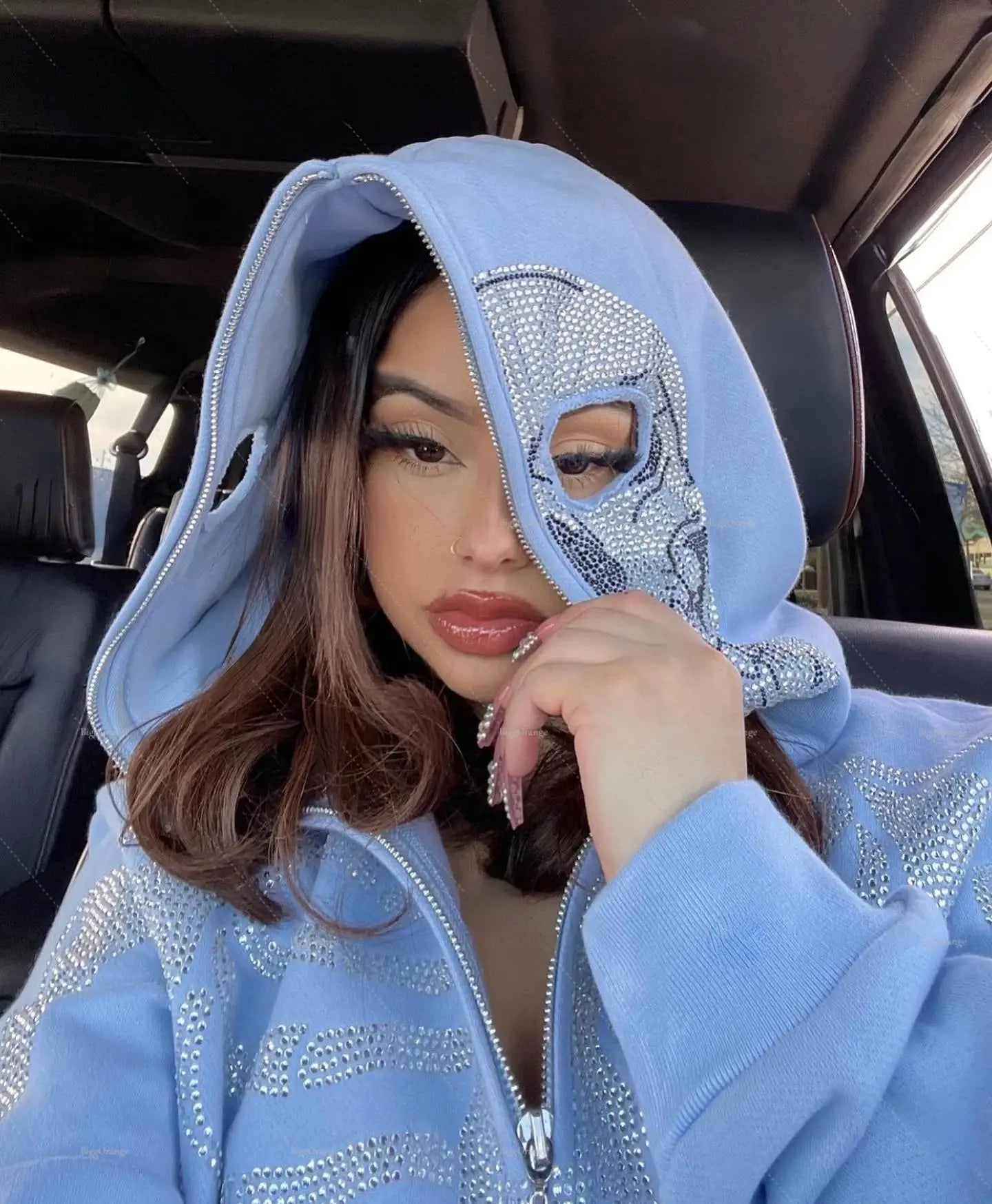 Skull Rhinestone Zip-Up Oversized Hoodie