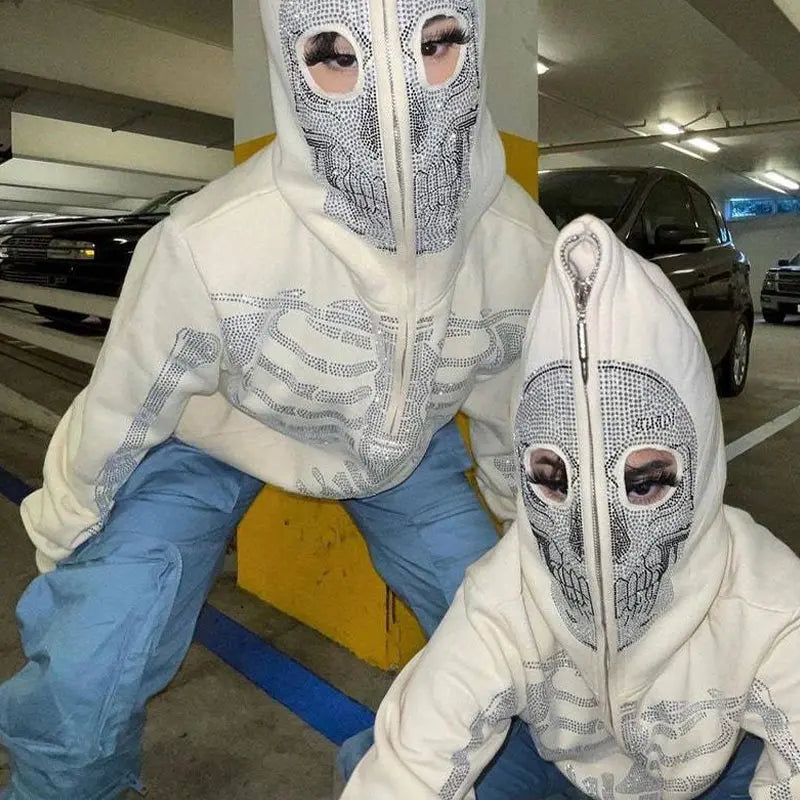 Skull Rhinestone Zip-Up Oversized Hoodie