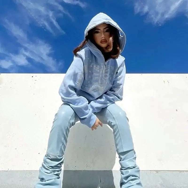 Skull Rhinestone Zip-Up Oversized Hoodie