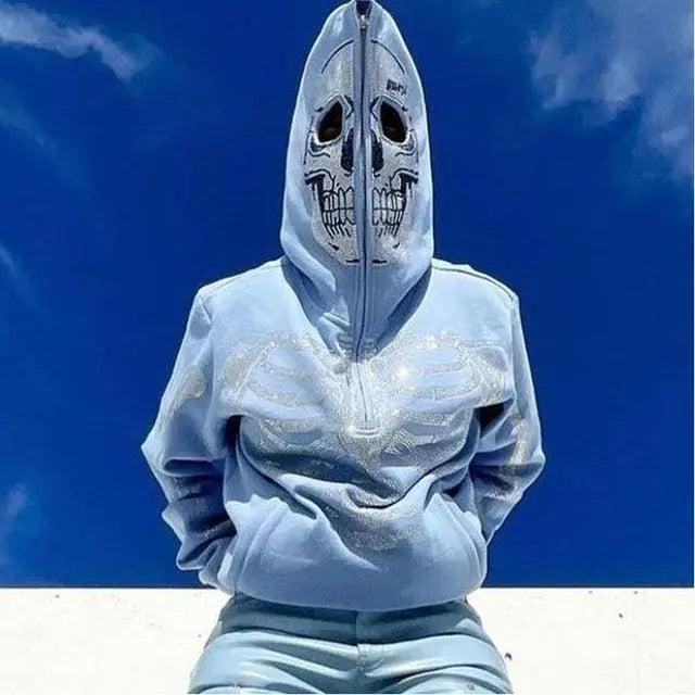 Skull Rhinestone Zip-Up Oversized Hoodie