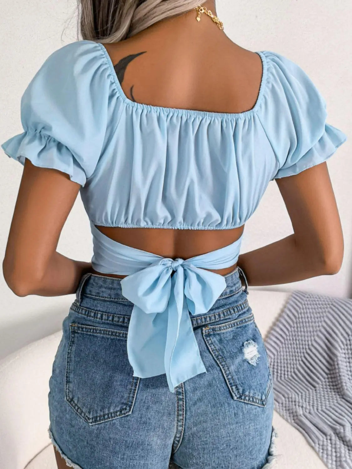 Square Neck Crisscross Flounce Sleeve Cropped Top - 100% Polyester