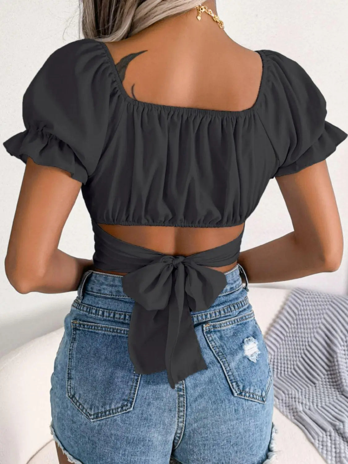 Square Neck Crisscross Flounce Sleeve Cropped Top - 100% Polyester