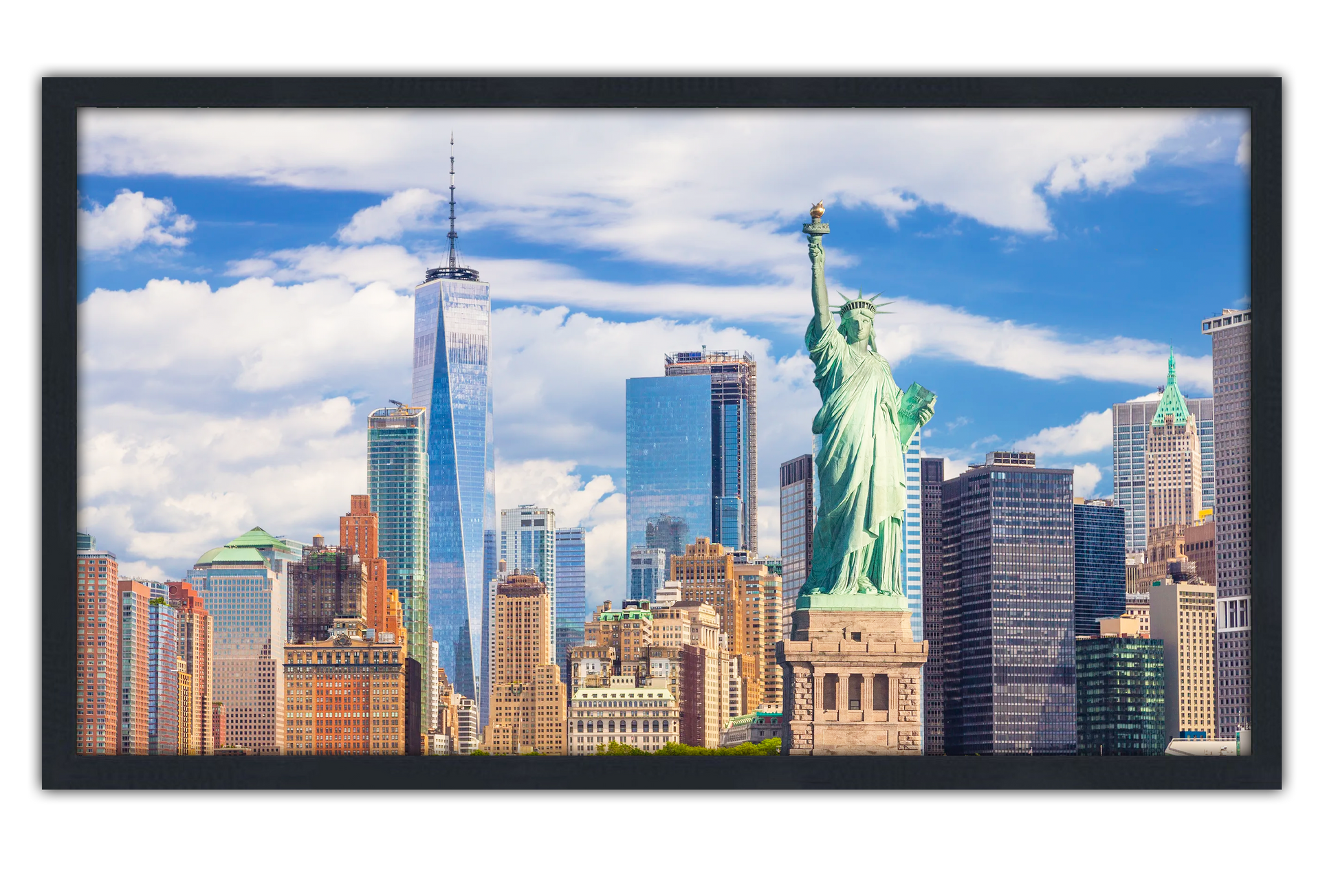 Professionally Framed Statue of Liberty New York City Skyline High-Resolution Panoramic Photo 12x22 Wall Art