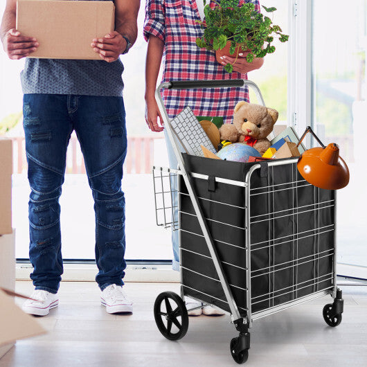 Folding Shopping Cart with Waterproof Liner Wheels and Basket-Silver
