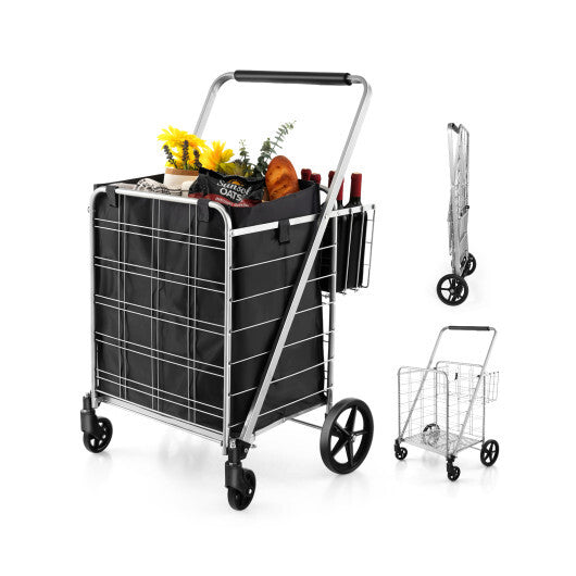 Folding Shopping Cart with Waterproof Liner Wheels and Basket-Silver