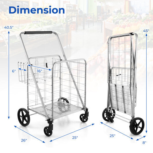 Folding Shopping Cart with Waterproof Liner Wheels and Basket-Silver