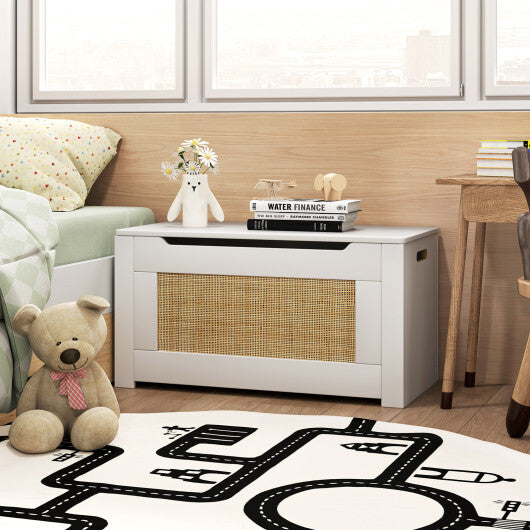 Kids Rattan Toy Storage Box with Flip Top Lid and Safety Hinge Handles-White