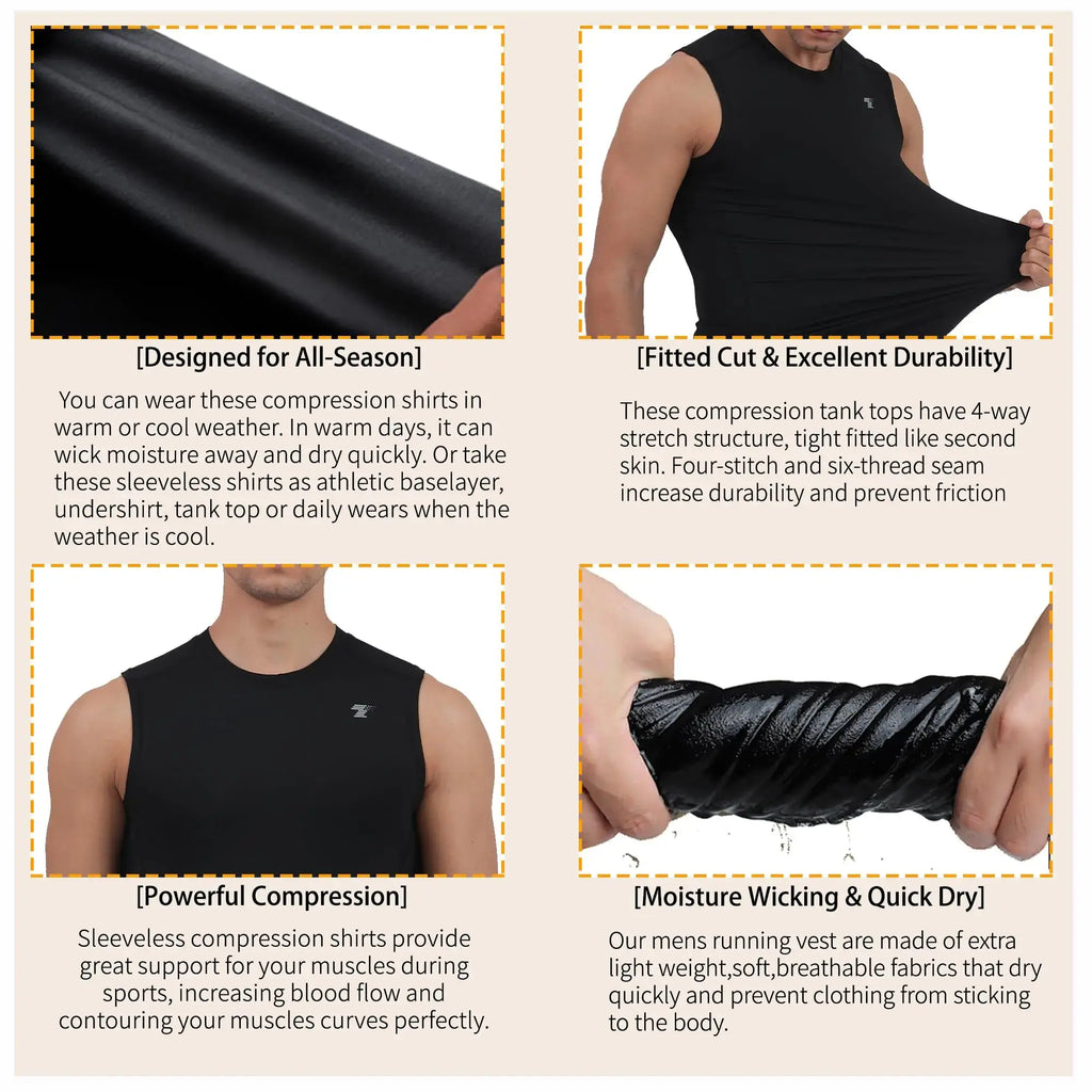 TELALEO 5 Pack Men's Athletic Compression Shirts - Sleeveless Workout Tank Top