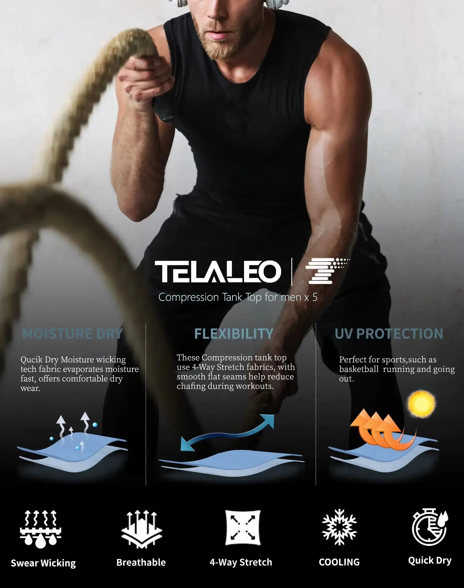 TELALEO 5 Pack Men's Athletic Compression Shirts - Sleeveless Workout Tank Top