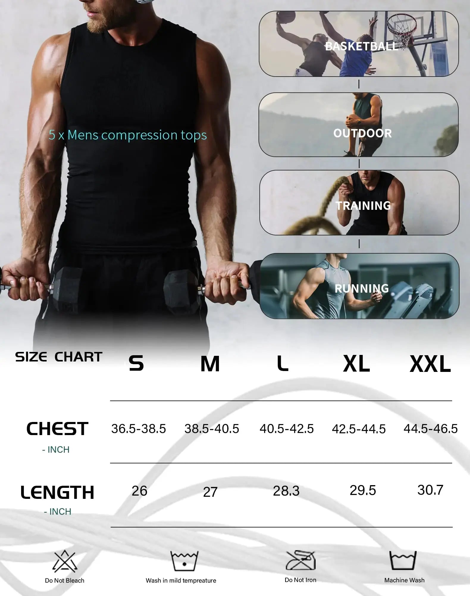 TELALEO 5 Pack Men's Athletic Compression Shirts - Sleeveless Workout Tank Top