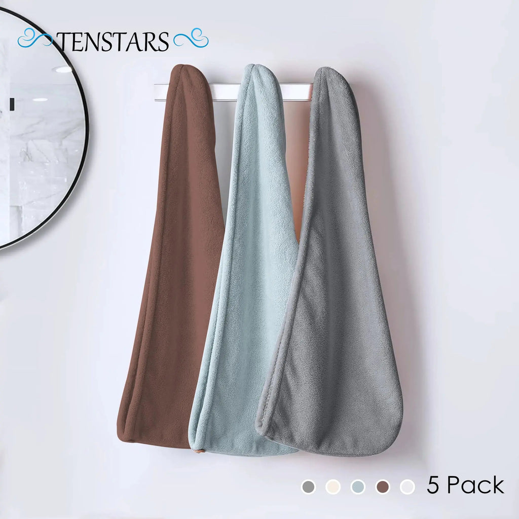 TENSTARS 5 Pack Thicken Microfiber Women Hair Towel - Coral Velvet Quick Dry Hair Turban