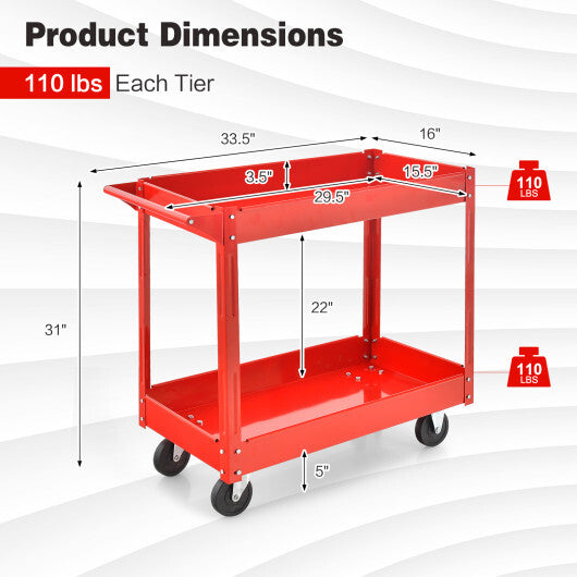 2-Tier Utility Cart with Handle and Heavy-Duty Metal Frame-Red