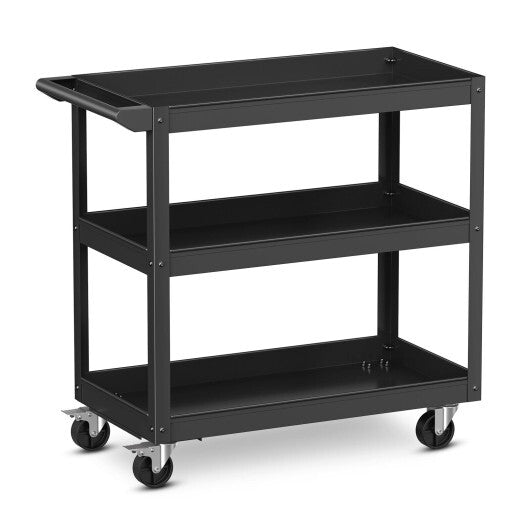 3-Tier Metal Utility Cart Trolley Tool with Flat Handle and 2 Lockable Universal Wheels-Gray