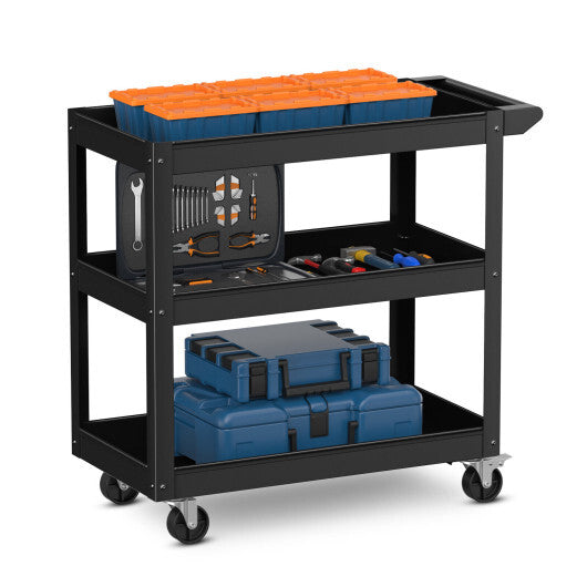 3-Tier Metal Utility Cart Trolley Tool with Flat Handle and 2 Lockable Universal Wheels-Gray