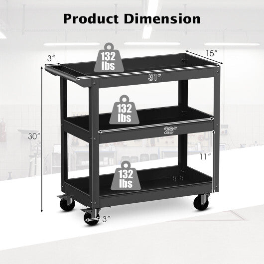 3-Tier Metal Utility Cart Trolley Tool with Flat Handle and 2 Lockable Universal Wheels-Gray