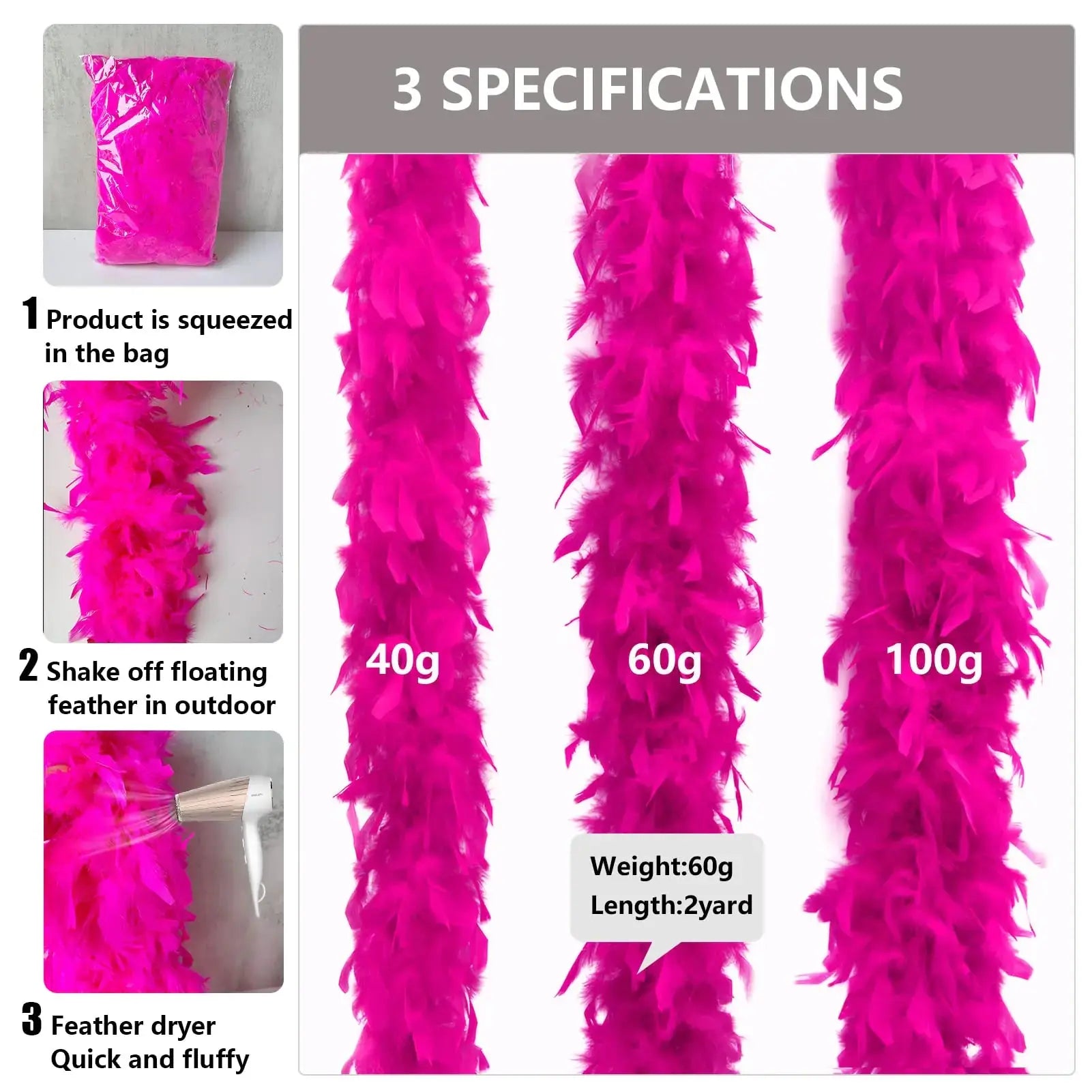 THARAHT Hot Pink 40g 2Yard Chandelle Feather - Costume Decoration Feathers Boa