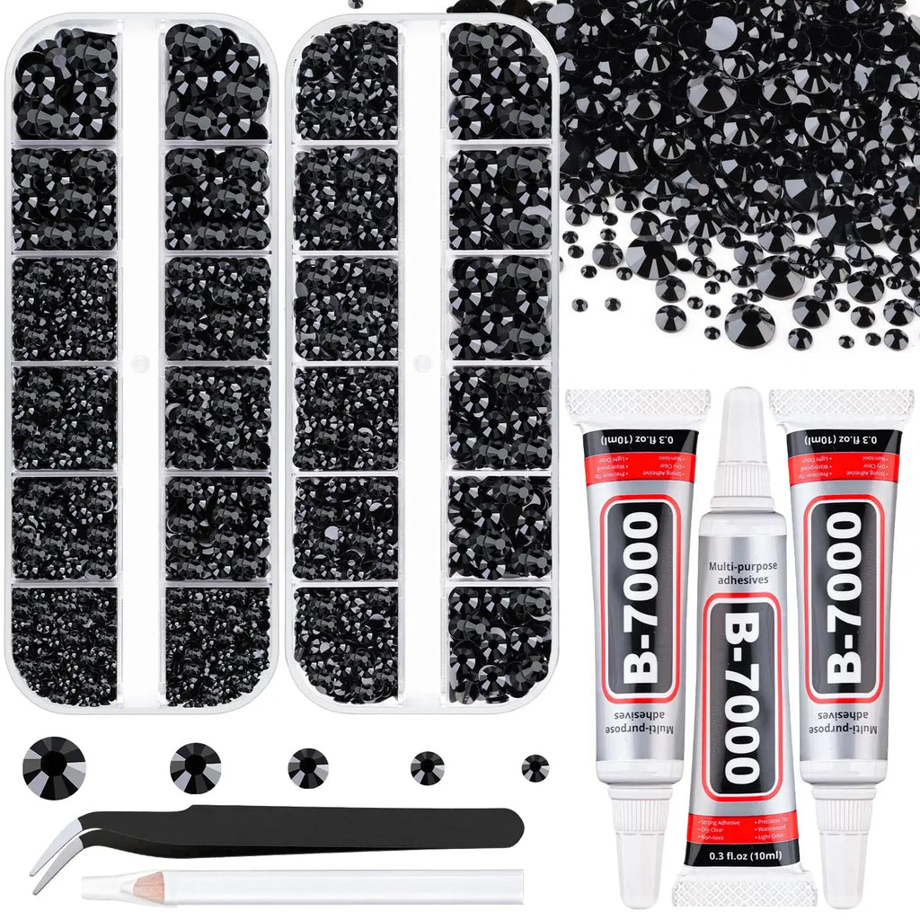 TINKRSTUFF Black Flatback Crystals Resin Rhinestones with B7000 Glue - 2 Box + 3 Glue