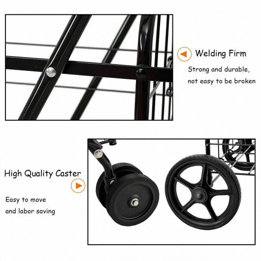 Folding Shopping Cart for Laundry with Swiveling Wheels and Dual Storage Baskets-Black