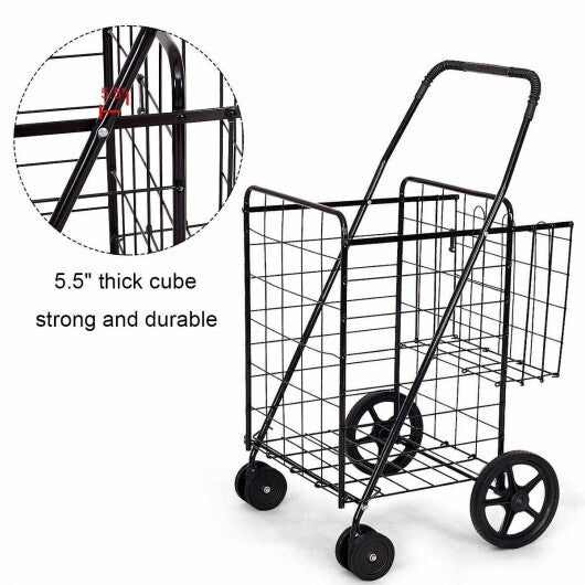 Folding Shopping Cart for Laundry with Swiveling Wheels and Dual Storage Baskets-Black