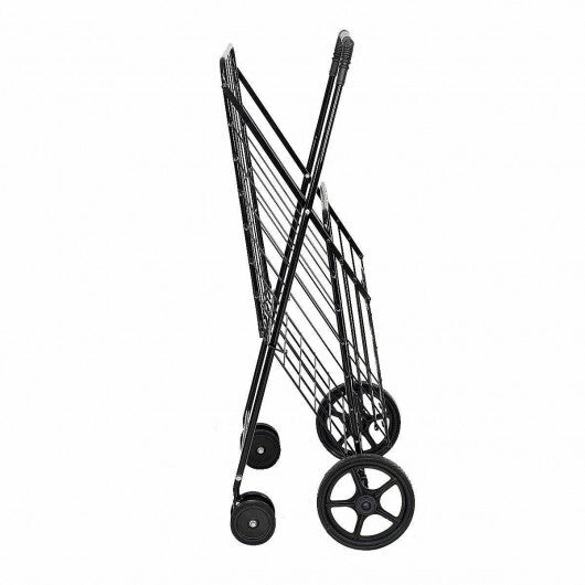 Folding Shopping Cart for Laundry with Swiveling Wheels and Dual Storage Baskets-Black