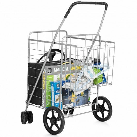 Folding Shopping Cart for Laundry with Swiveling Wheels and Dual Storage Baskets-Black