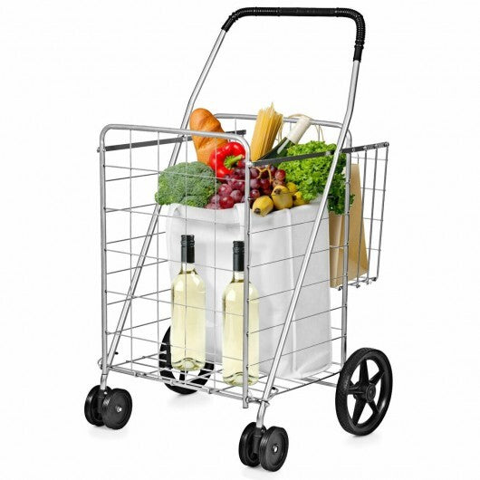 Folding Shopping Cart for Laundry with Swiveling Wheels and Dual Storage Baskets-Black